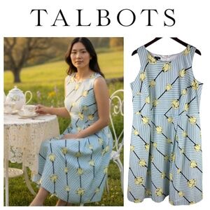 Talbots Dress Sundress Sz 14W XL 1X Floral Tulips Blue Yellow Cottage Slvlss